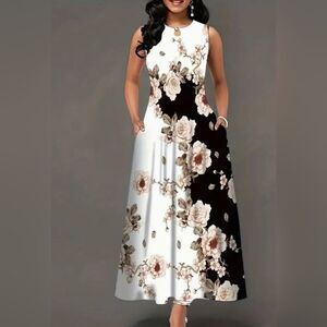 Blush black & white floral cotton blend maxi dress w/ pockets size medium